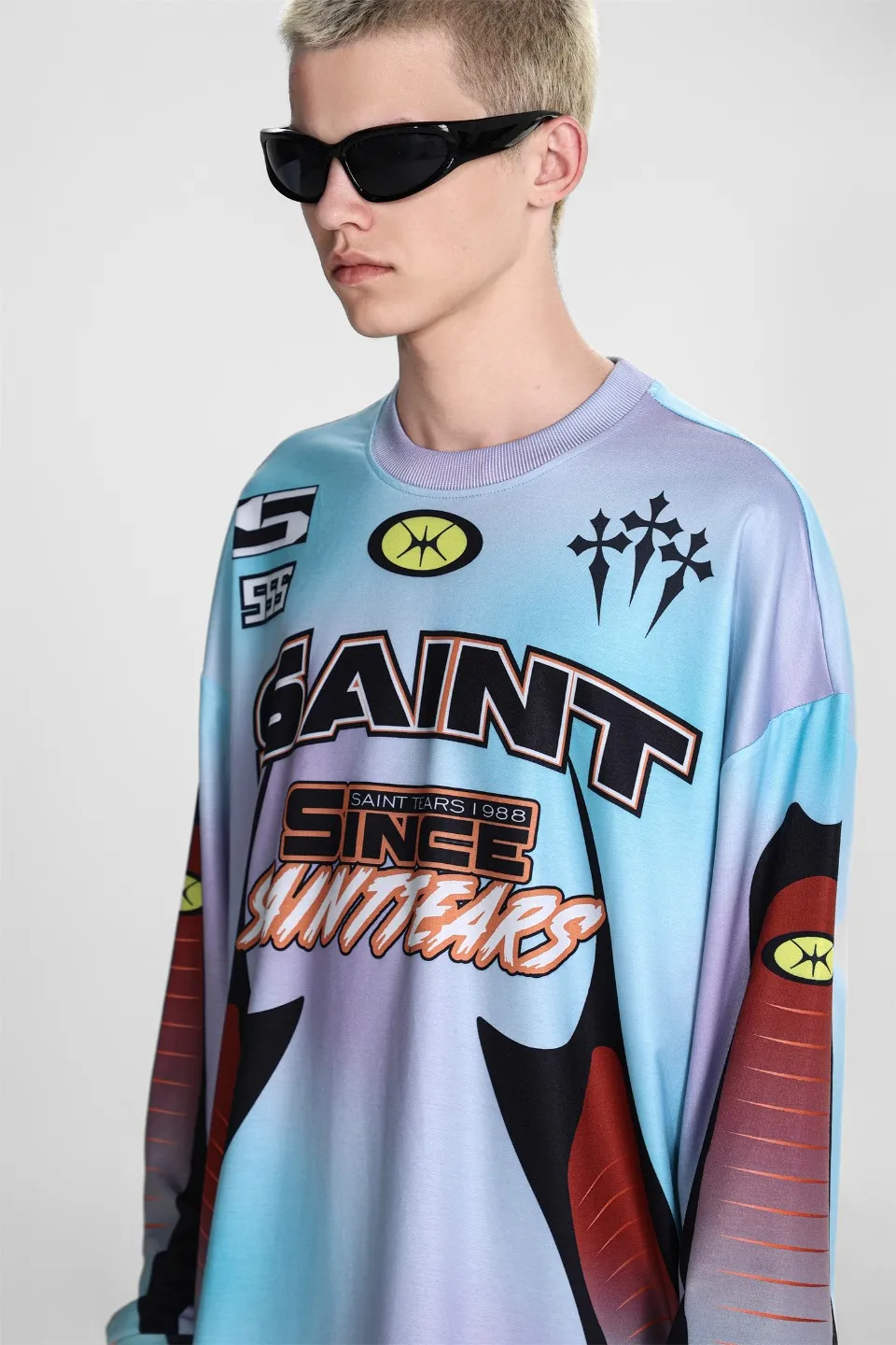 Saint michael tears all-over printed long-sleeved vintage autumn and winter T-shirt Style number: 117 Size: M L XL Wholesale price: 136 Color: blue yellow